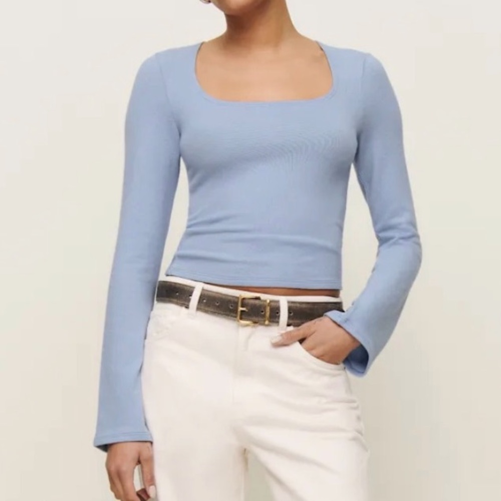 REFORMATION Devon Knit Long Sleeve Top in Ice Water Blue NWT Size Medium